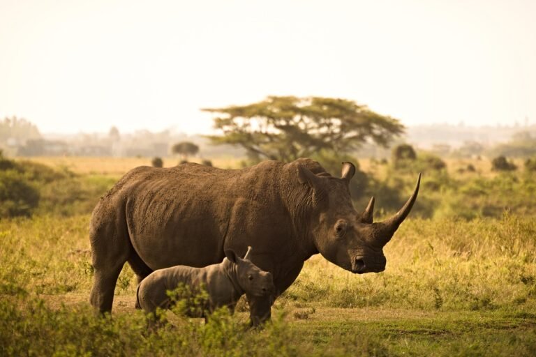 Home A rhino and its baby grazing peacefully in Nairobi National Park during a guided city excursion, with natural savannah scenery in the background.